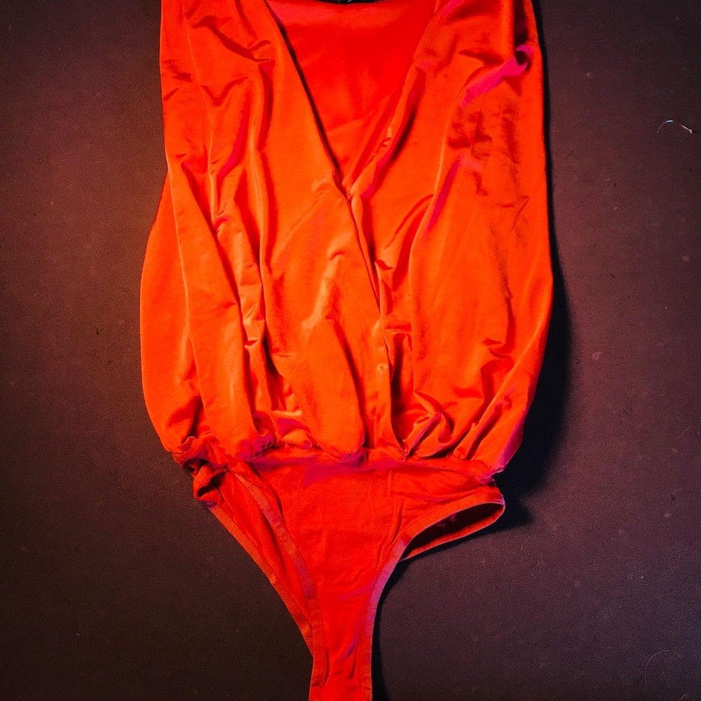 orange open front body suit
